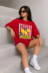 POPCASE Lemons Girl red oversized t shirt with lemon fruit graphic thats lemons slogan print streetwear premium cotton
