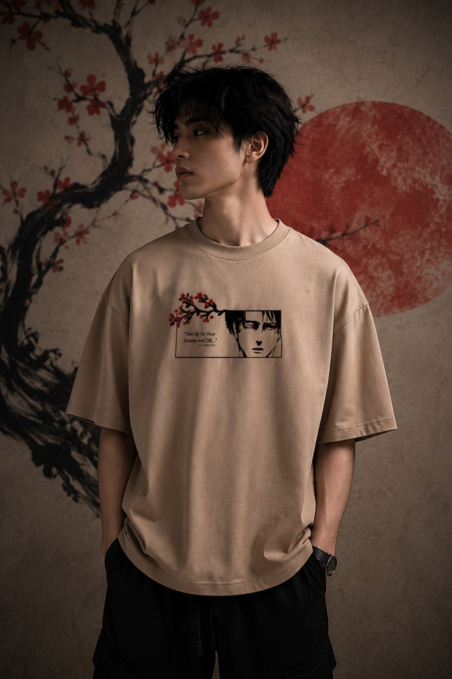 Beige oversized tshirt with Levi Ackerman manga face cherry blossom art and Give Up Your Dreams and Die quote from Attack on Titan
