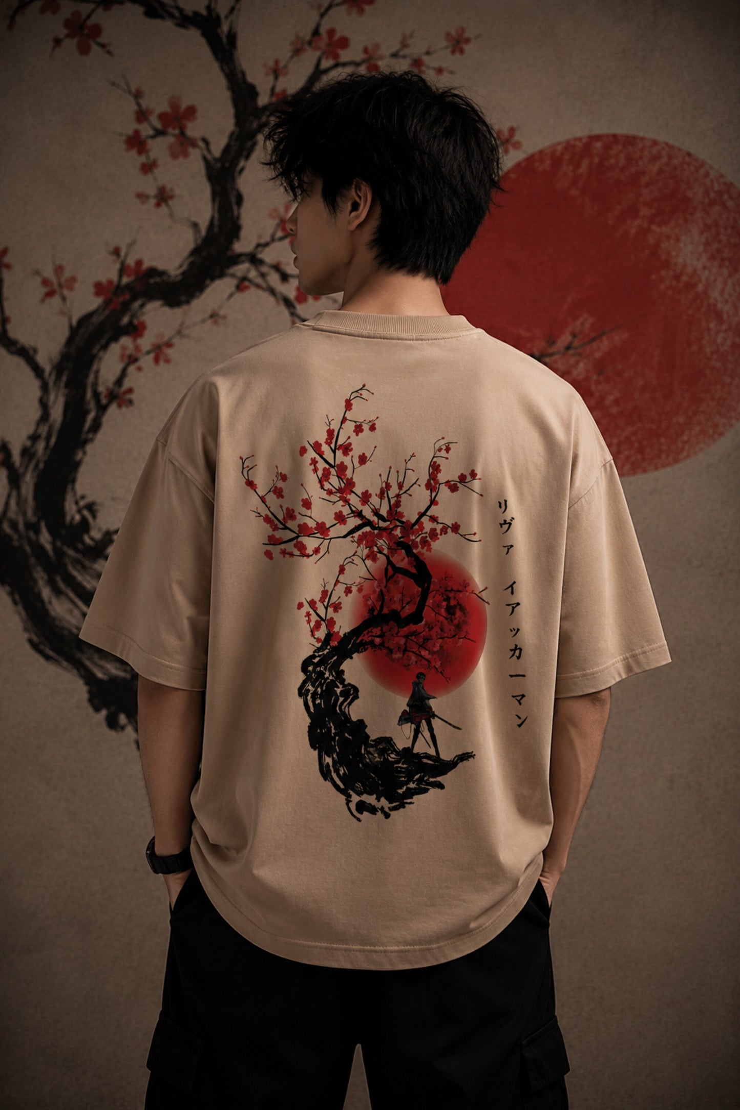 Beige oversized tshirt with Levi Ackerman manga face cherry blossom art and Give Up Your Dreams and Die quote from Attack on Titan