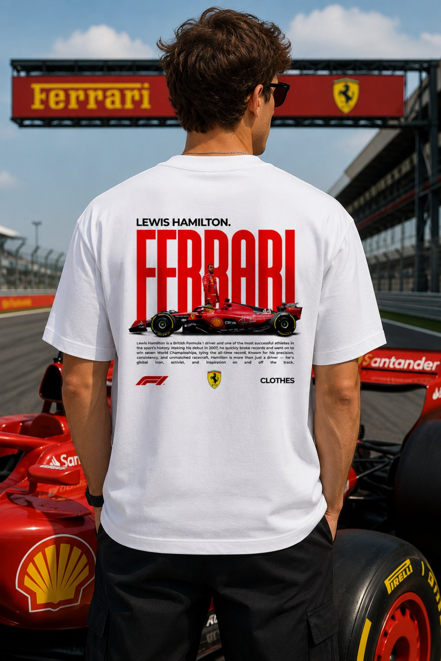 Model wearing white POPCASE Lewis Hamilton Ferrari oversized t shirt with Scuderia shield on chest and Lewis Hamilton Ferrari car back graphic
