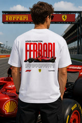 Model wearing white POPCASE Lewis Hamilton Ferrari oversized t shirt with Scuderia shield on chest and Lewis Hamilton Ferrari car back graphic
