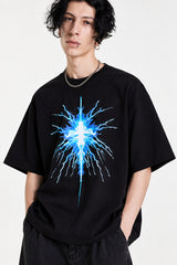 Black oversized tshirt with blue electric glowing cross lightning starburst print on chest, drop shoulder boxy fit, men India