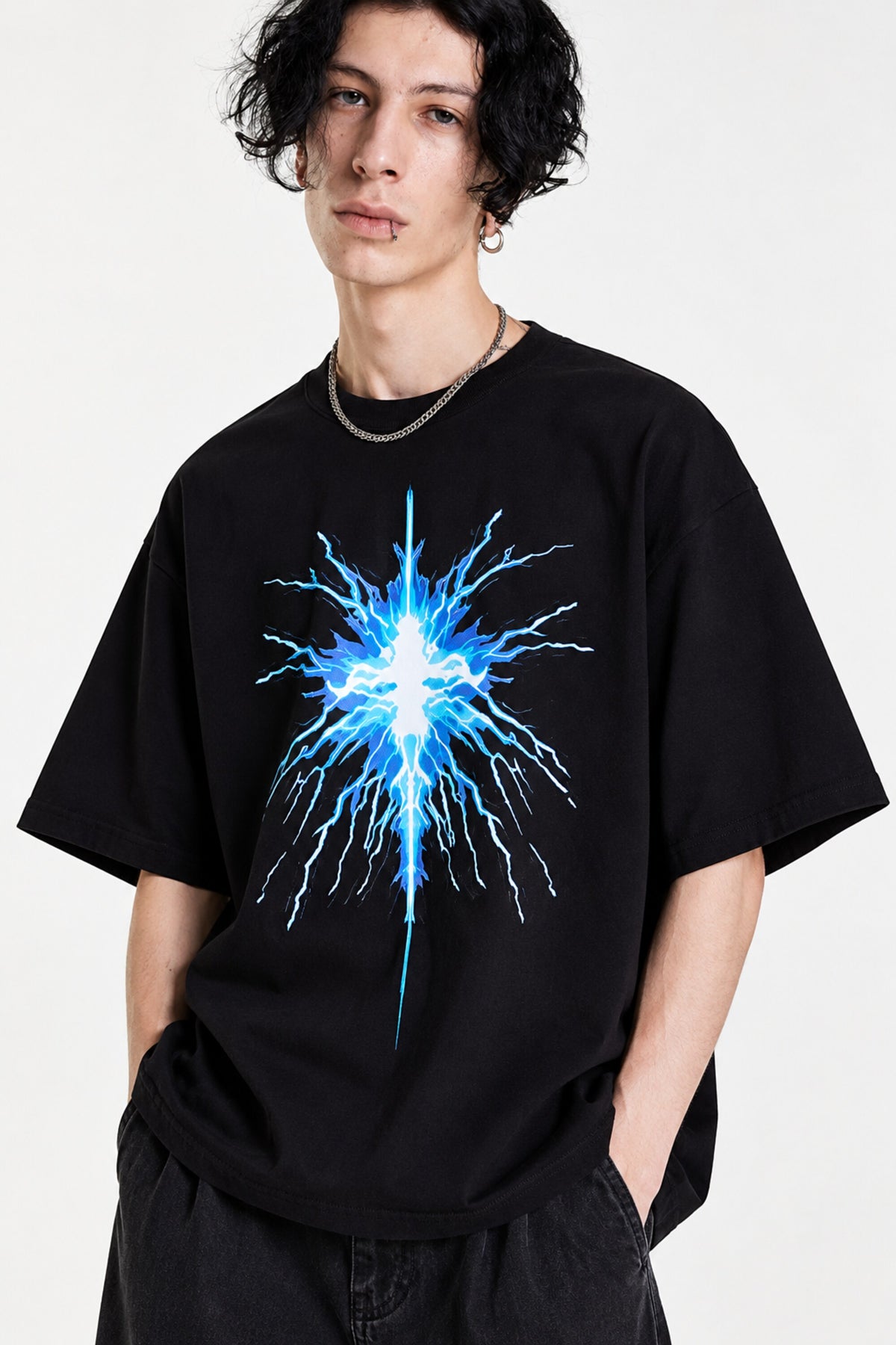 Black oversized tshirt with blue electric glowing cross lightning starburst print on chest, drop shoulder boxy fit, men India