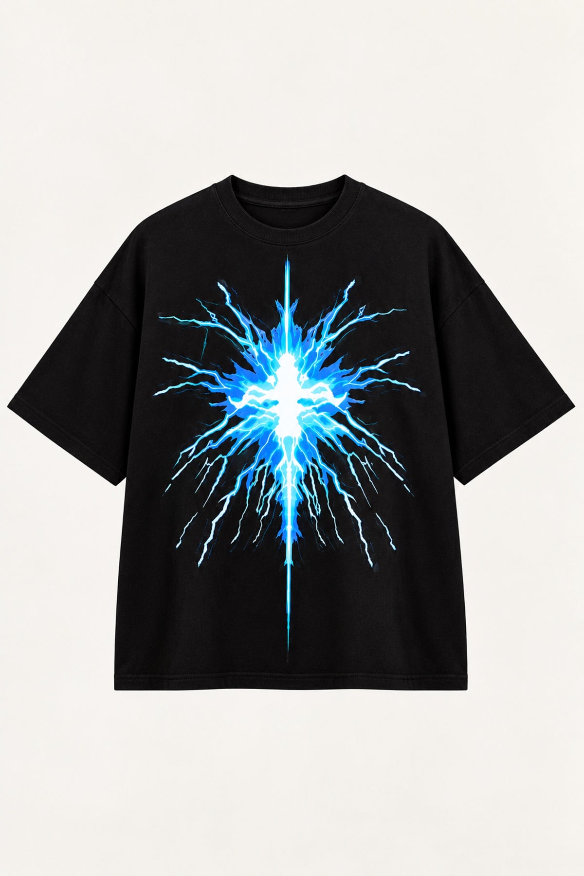 Black oversized tshirt with blue electric glowing cross lightning starburst print on chest, drop shoulder boxy fit, men India