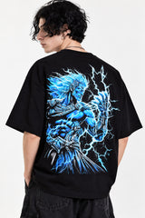 Black oversized tshirt with blue electric glowing cross lightning starburst print on chest, drop shoulder boxy fit, men India