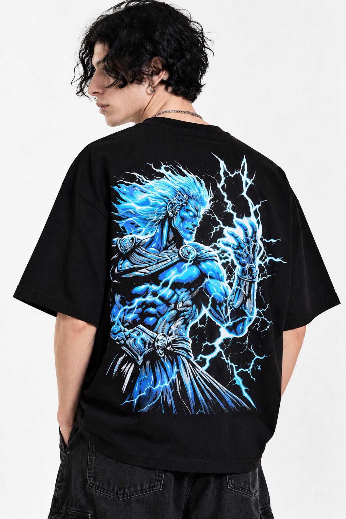 Black oversized tshirt with blue electric glowing cross lightning starburst print on chest, drop shoulder boxy fit, men India