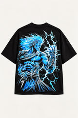 Black oversized tshirt with blue electric glowing cross lightning starburst print on chest, drop shoulder boxy fit, men India