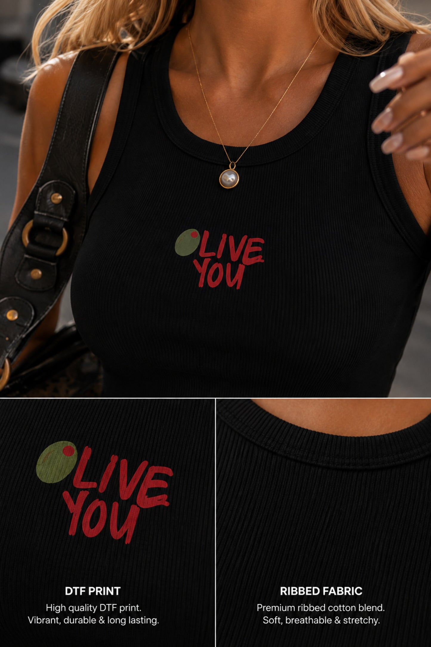Black ribbed crop tank top with OLIVE You food pun and heart graphic print cute funny aesthetic women fitted sleeveless top
