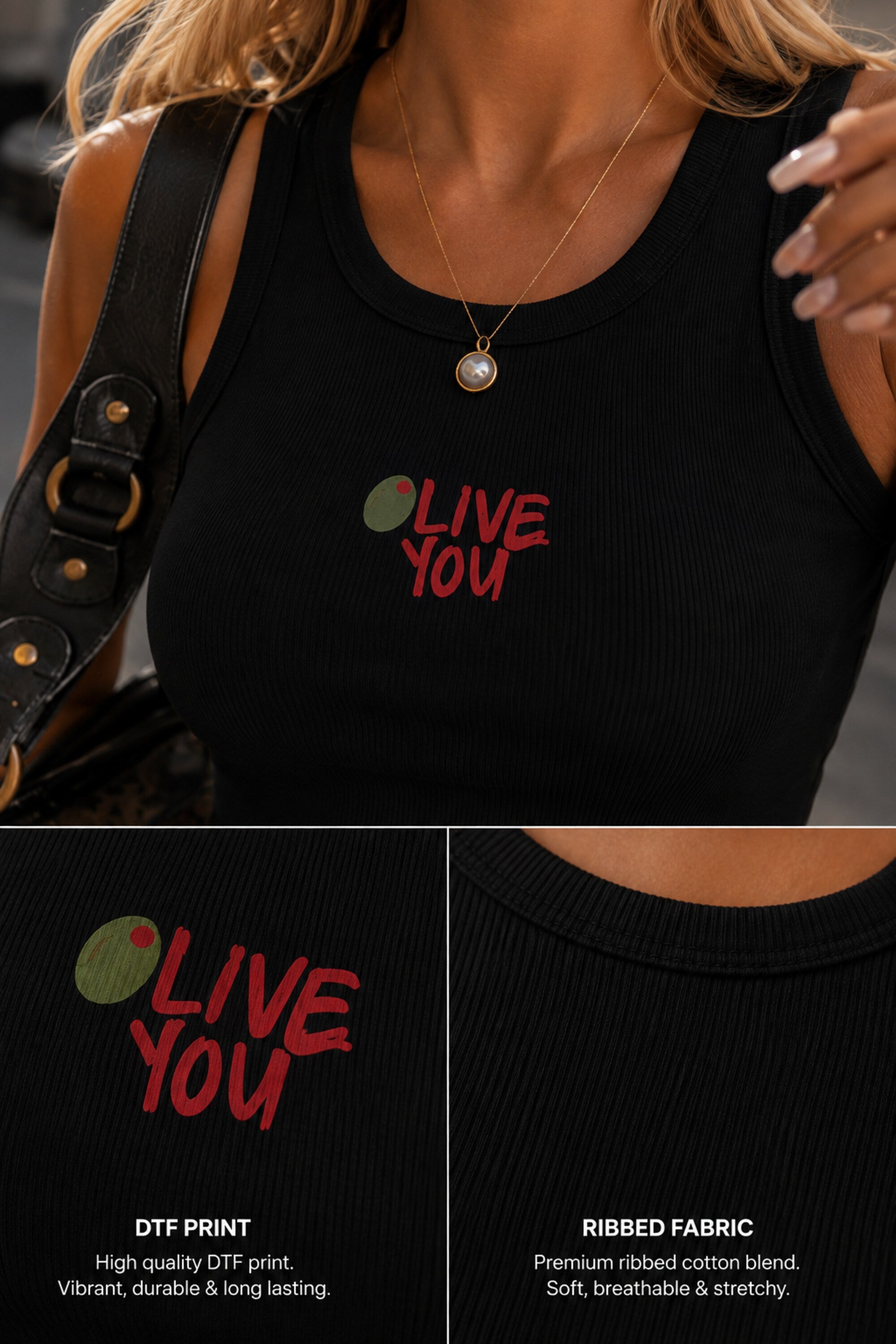 Black ribbed crop tank top with OLIVE You food pun and heart graphic print cute funny aesthetic women fitted sleeveless top