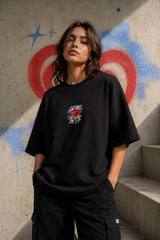 Black oversized t shirt Love Yourself bold graffiti text 3D red heart blue spray paint self love quote back graphic POPCASE Gen Z tee