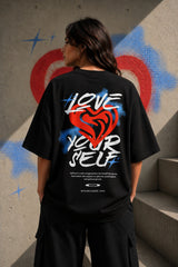 Black oversized t shirt Love Yourself bold graffiti text 3D red heart blue spray paint self love quote back graphic POPCASE Gen Z tee