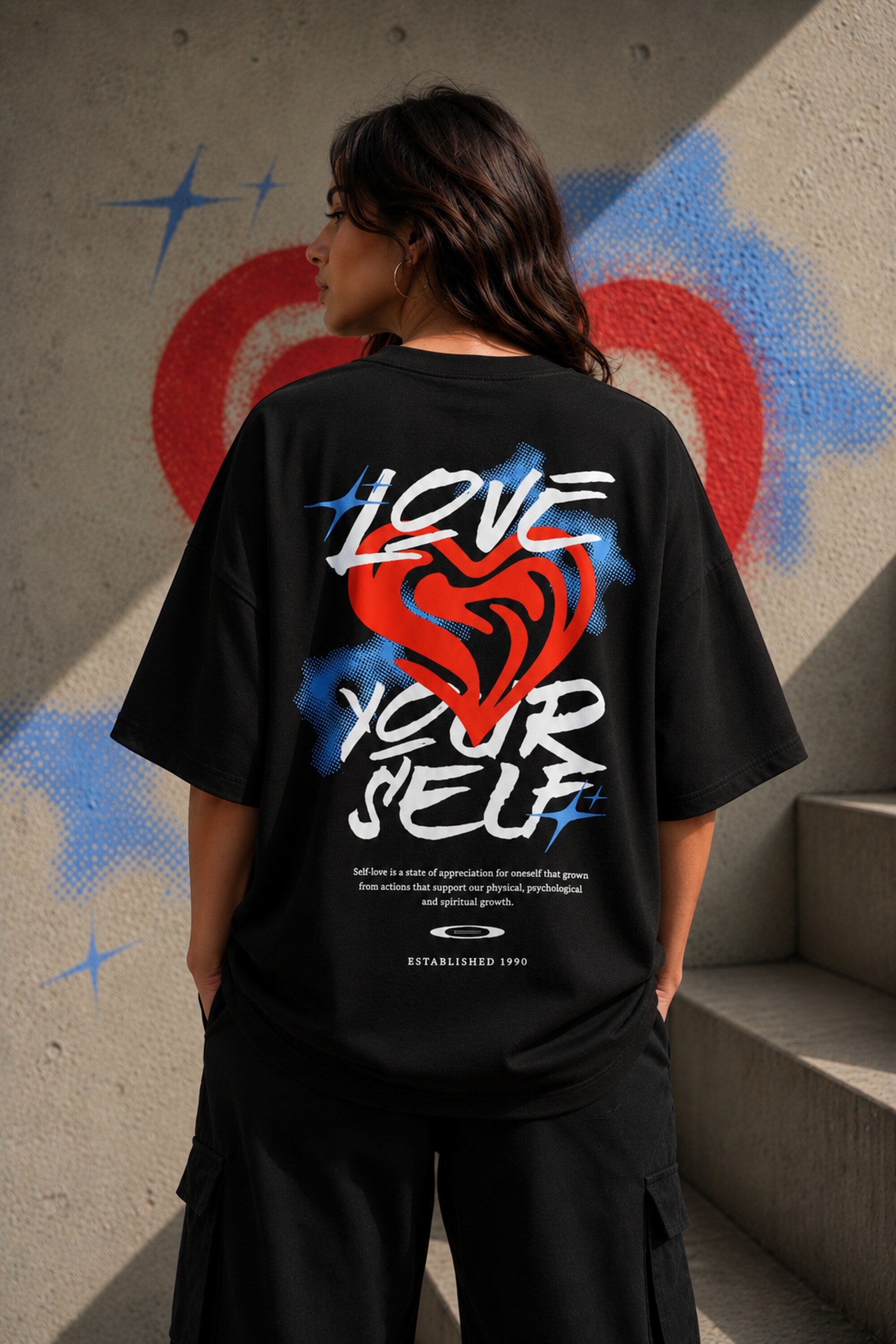 Black oversized t shirt Love Yourself bold graffiti text 3D red heart blue spray paint self love quote back graphic POPCASE Gen Z tee