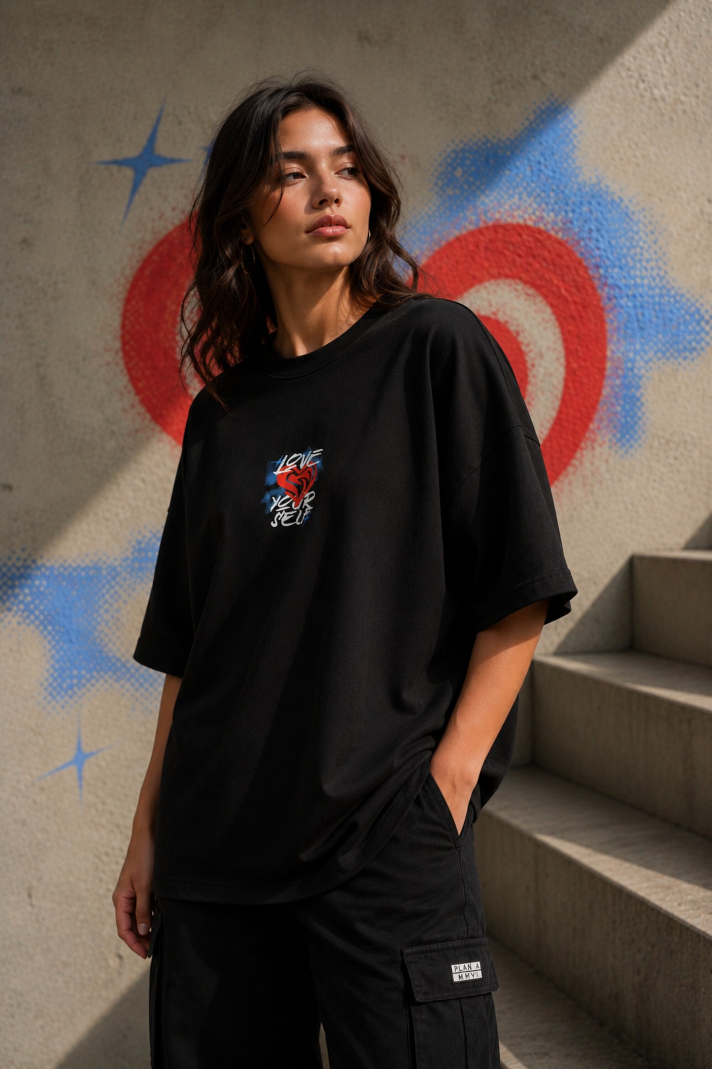 Black oversized t shirt Love Yourself bold graffiti text 3D red heart blue spray paint self love quote back graphic POPCASE Gen Z tee