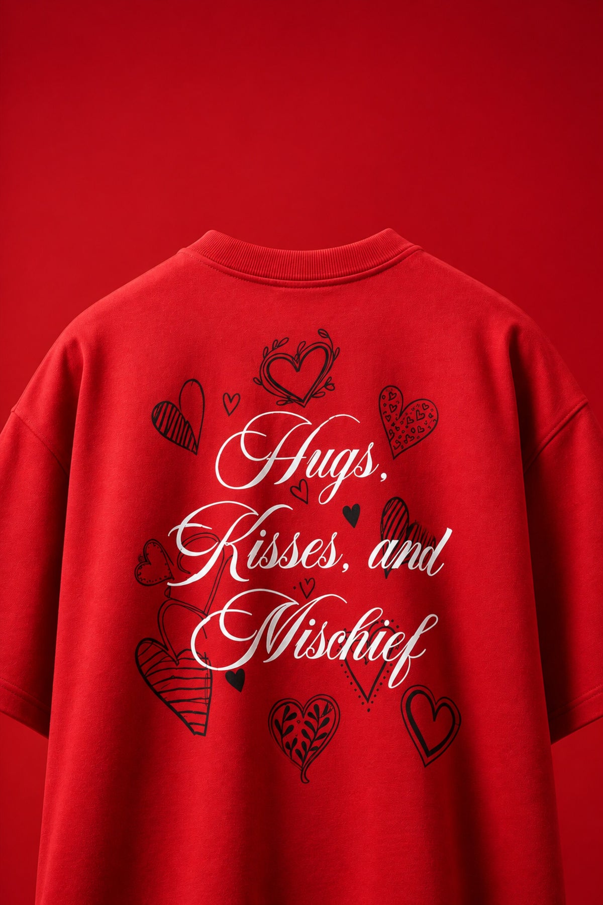 Red oversized tshirt with Hugs Kisses and Mischief white cursive script and hand-drawn hearts back print, boxy fit, men India