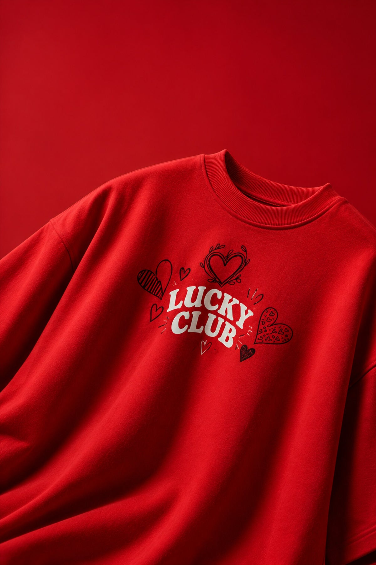 Red oversized tshirt with Hugs Kisses and Mischief white cursive script and hand-drawn hearts back print, boxy fit, men India