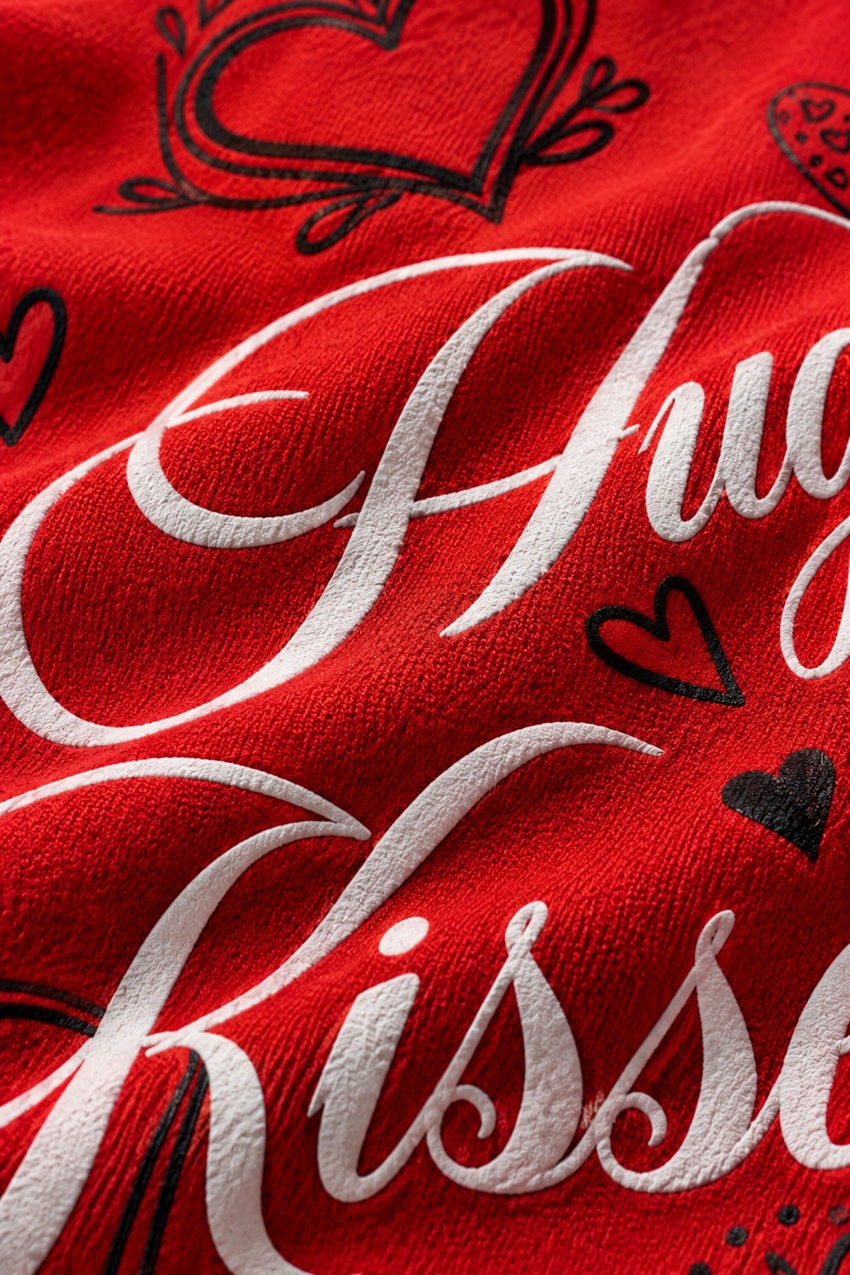 Red oversized tshirt with Hugs Kisses and Mischief white cursive script and hand-drawn hearts back print, boxy fit, men India
