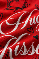 Red oversized tshirt with Hugs Kisses and Mischief white cursive script and hand-drawn hearts back print, boxy fit, men India