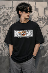 Black oversized t-shirt with Monkey D Luffy Gear 5 face graphic and Japanese text, One Piece anime streetwear India