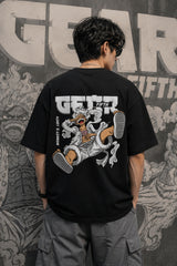 Black oversized t-shirt with Monkey D Luffy Gear 5 face graphic and Japanese text, One Piece anime streetwear India