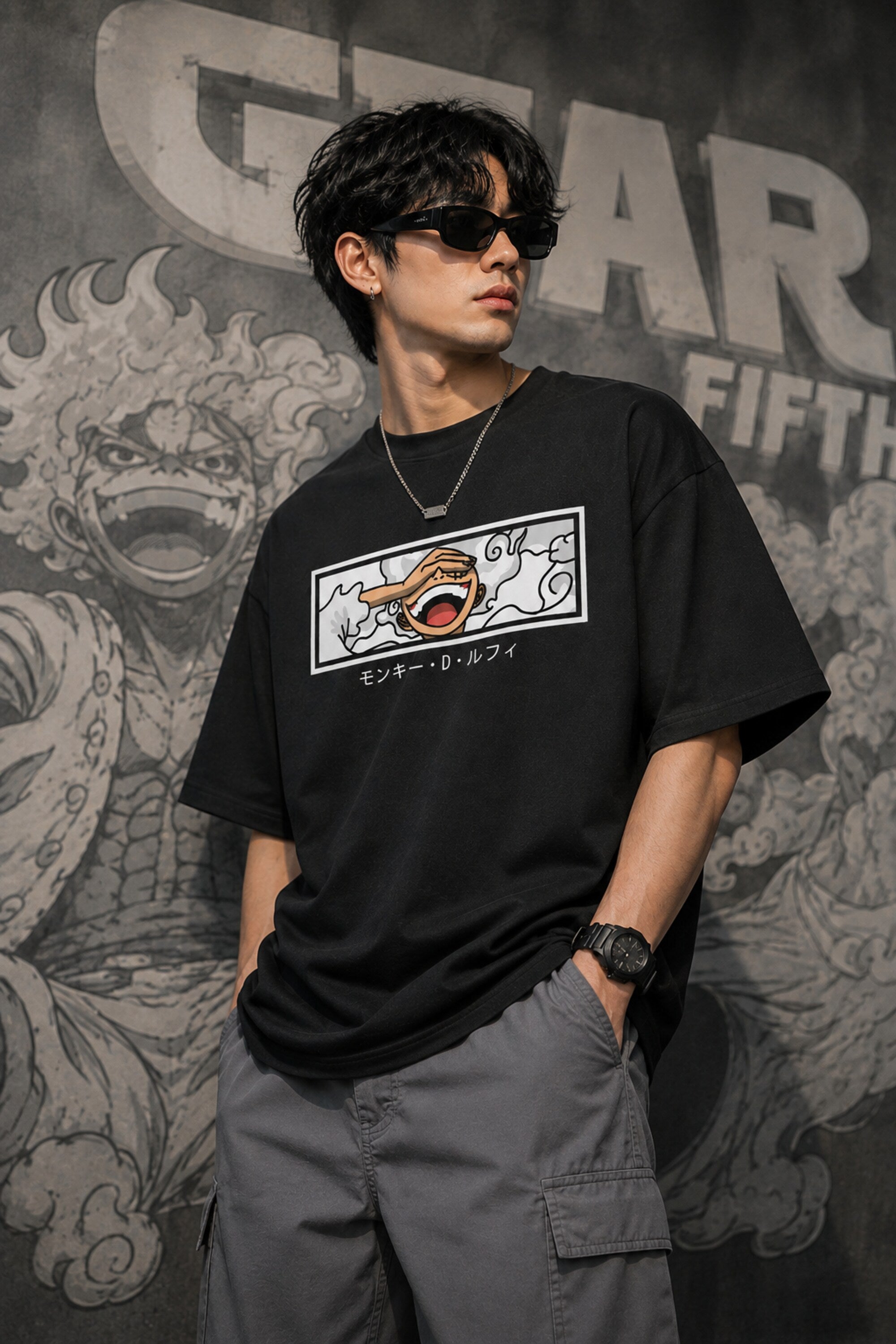 Black oversized t-shirt with Monkey D Luffy Gear 5 face graphic and Japanese text, One Piece anime streetwear India