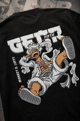 Black oversized t-shirt with Monkey D Luffy Gear 5 face graphic and Japanese text, One Piece anime streetwear India