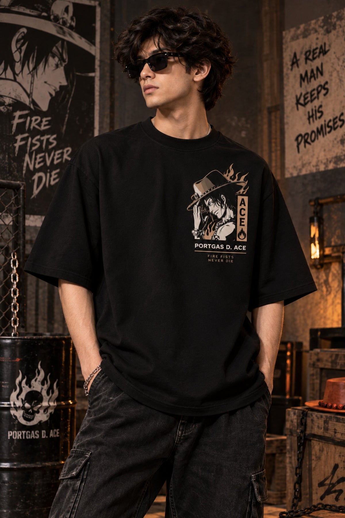 Black One Piece anime oversized tshirt with Portgas D Ace chest HD print and Fire Fists Never Die motivational text