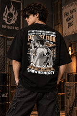 Black One Piece anime oversized tshirt with Portgas D Ace chest HD print and Fire Fists Never Die motivational text