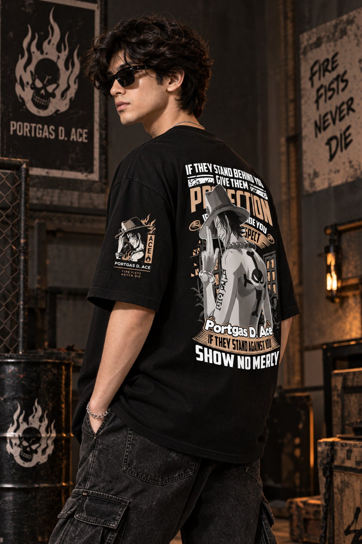 Black One Piece anime oversized tshirt with Portgas D Ace chest HD print and Fire Fists Never Die motivational text