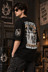 Black One Piece anime oversized tshirt with Portgas D Ace chest HD print and Fire Fists Never Die motivational text