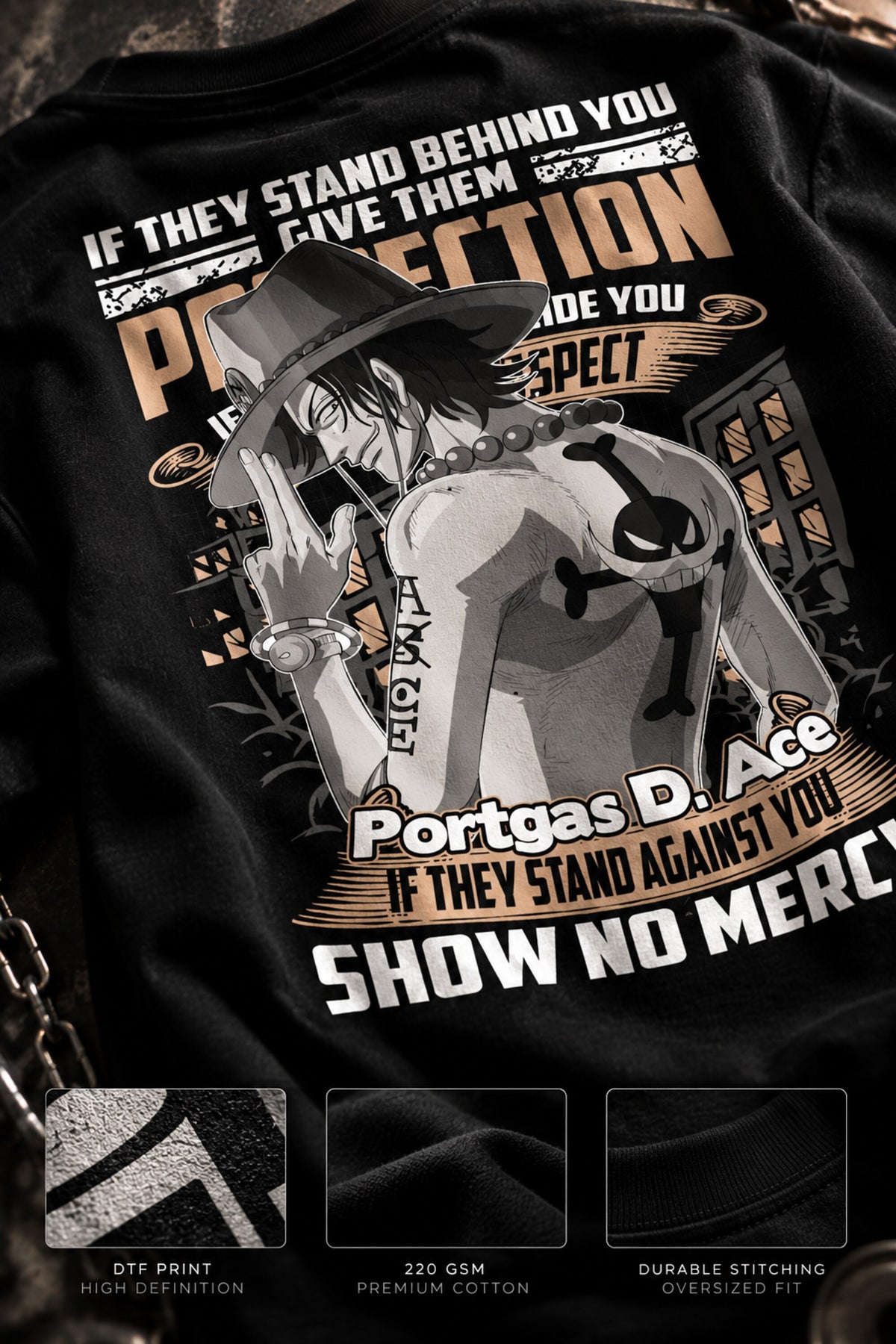 Black One Piece anime oversized tshirt with Portgas D Ace chest HD print and Fire Fists Never Die motivational text