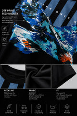 LAYERS black oversized t-shirt with a dynamic blue, white, and orange abstract graphic print, featuring "THE ONLY C" text detail, showcasing its premium fabric and streetwear aesthetic.
