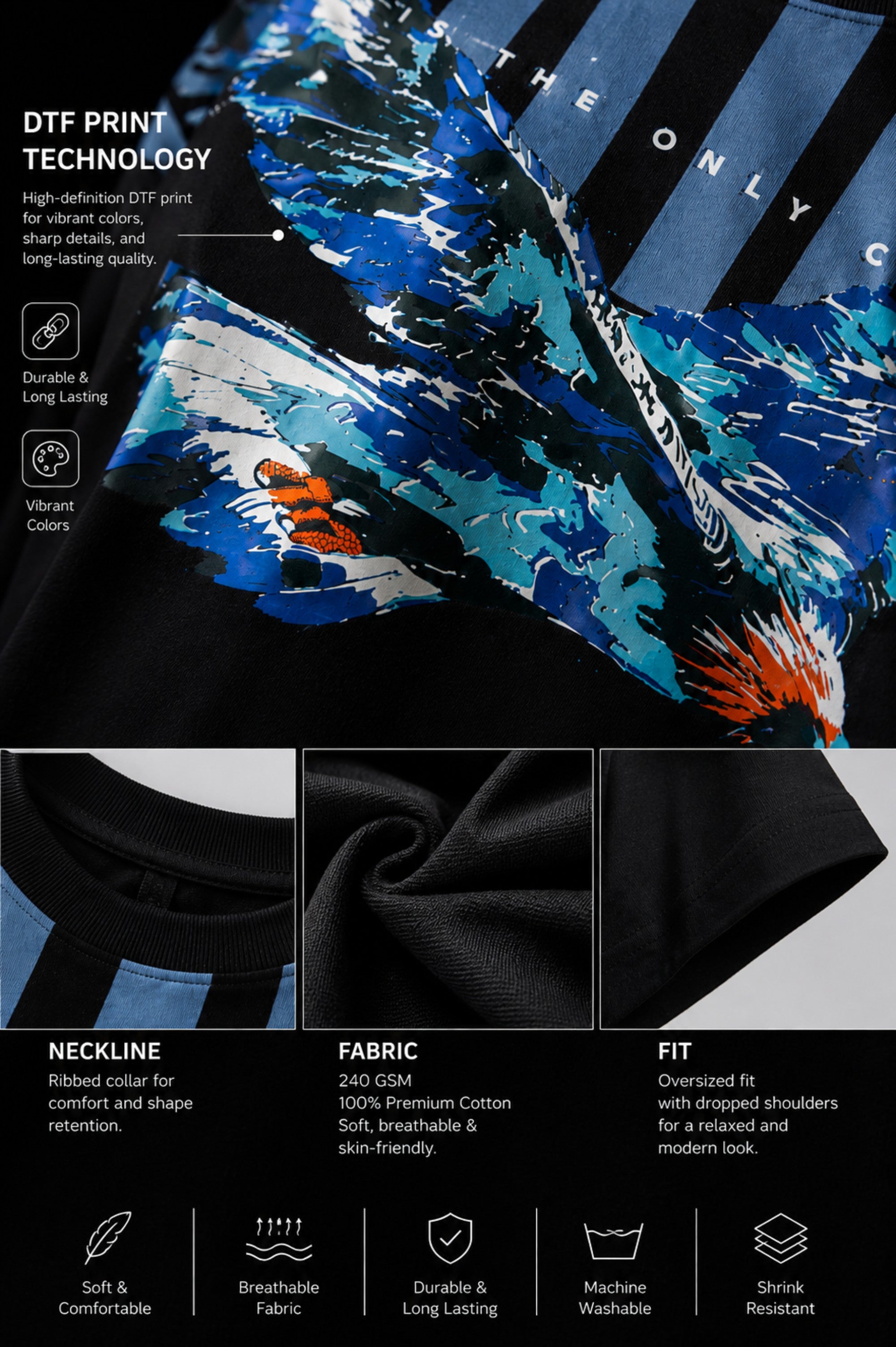 LAYERS black oversized t-shirt with a dynamic blue, white, and orange abstract graphic print, featuring "THE ONLY C" text detail, showcasing its premium fabric and streetwear aesthetic.