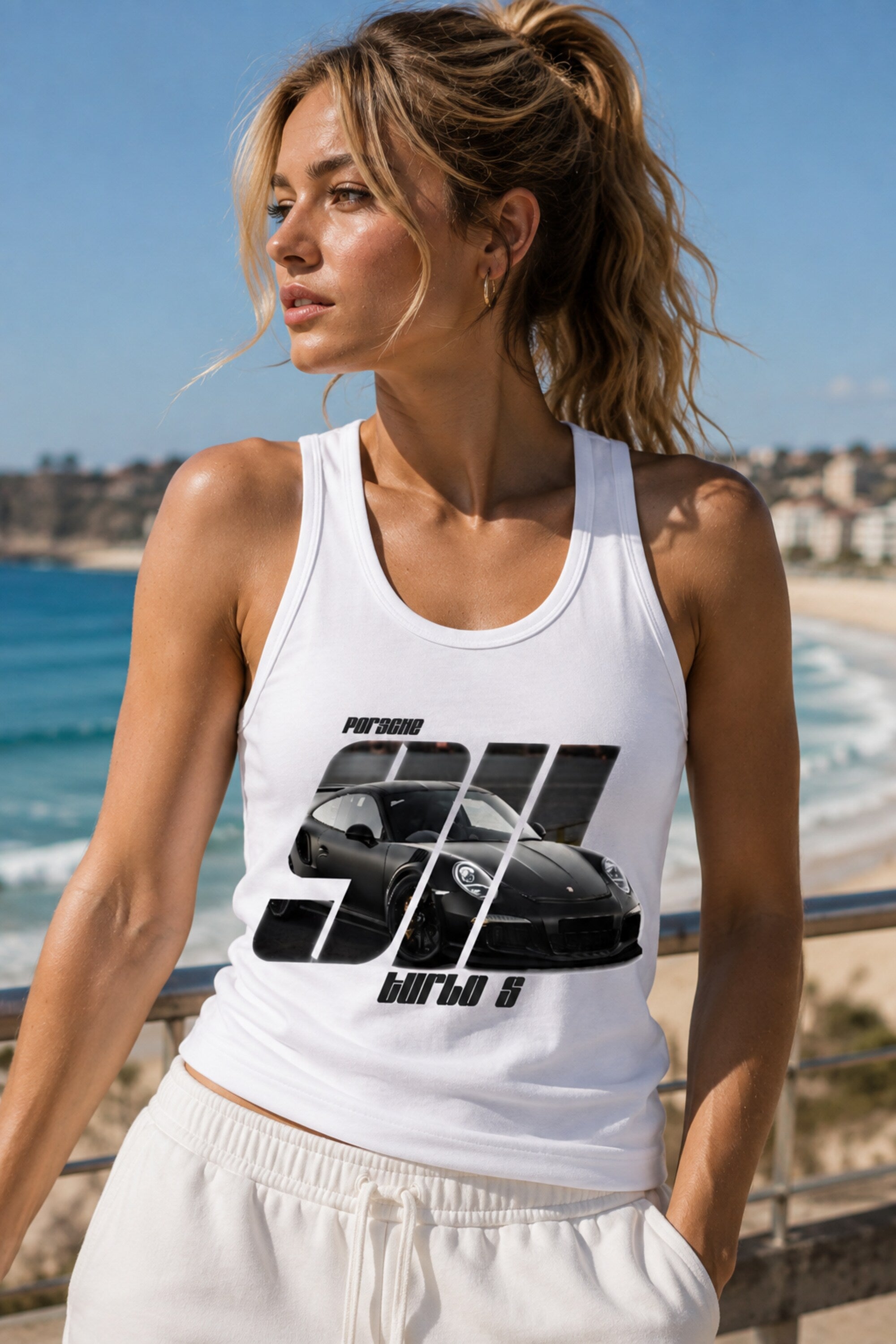 White ribbed tank top with Porsche 911 Turbo S black car photo and bold 911 text print 230 GSM 100% cotton DTF motorsport