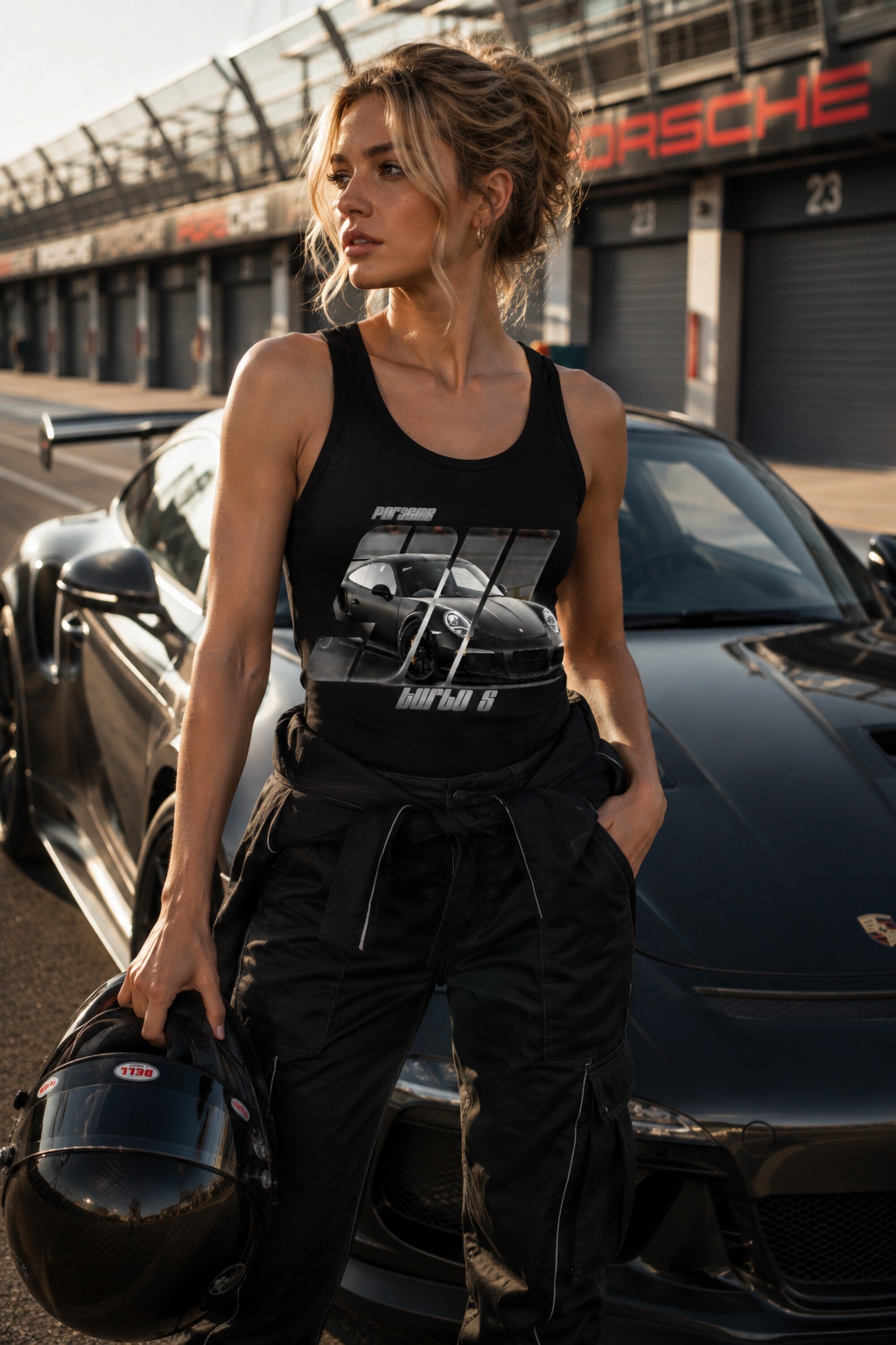 White ribbed tank top with Porsche 911 Turbo S black car photo and bold 911 text print 230 GSM 100% cotton DTF motorsport