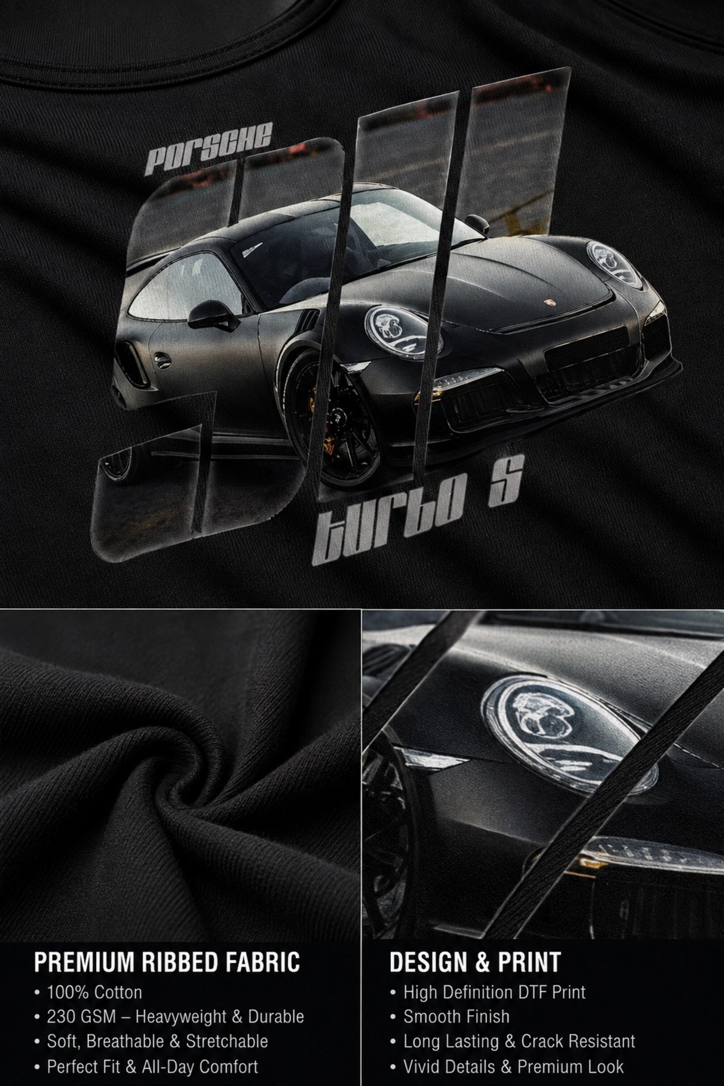 White ribbed tank top with Porsche 911 Turbo S black car photo and bold 911 text print 230 GSM 100% cotton DTF motorsport
