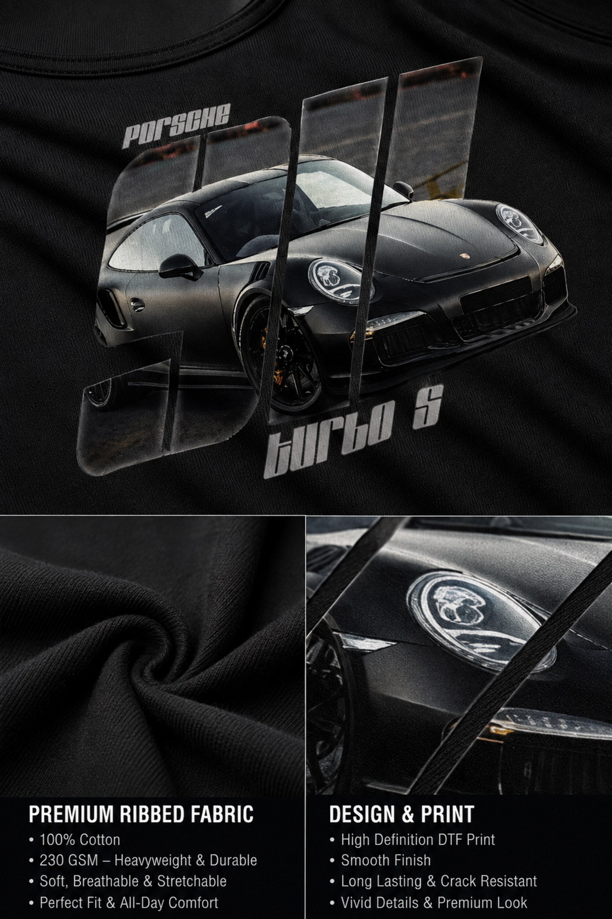 White ribbed tank top with Porsche 911 Turbo S black car photo and bold 911 text print 230 GSM 100% cotton DTF motorsport
