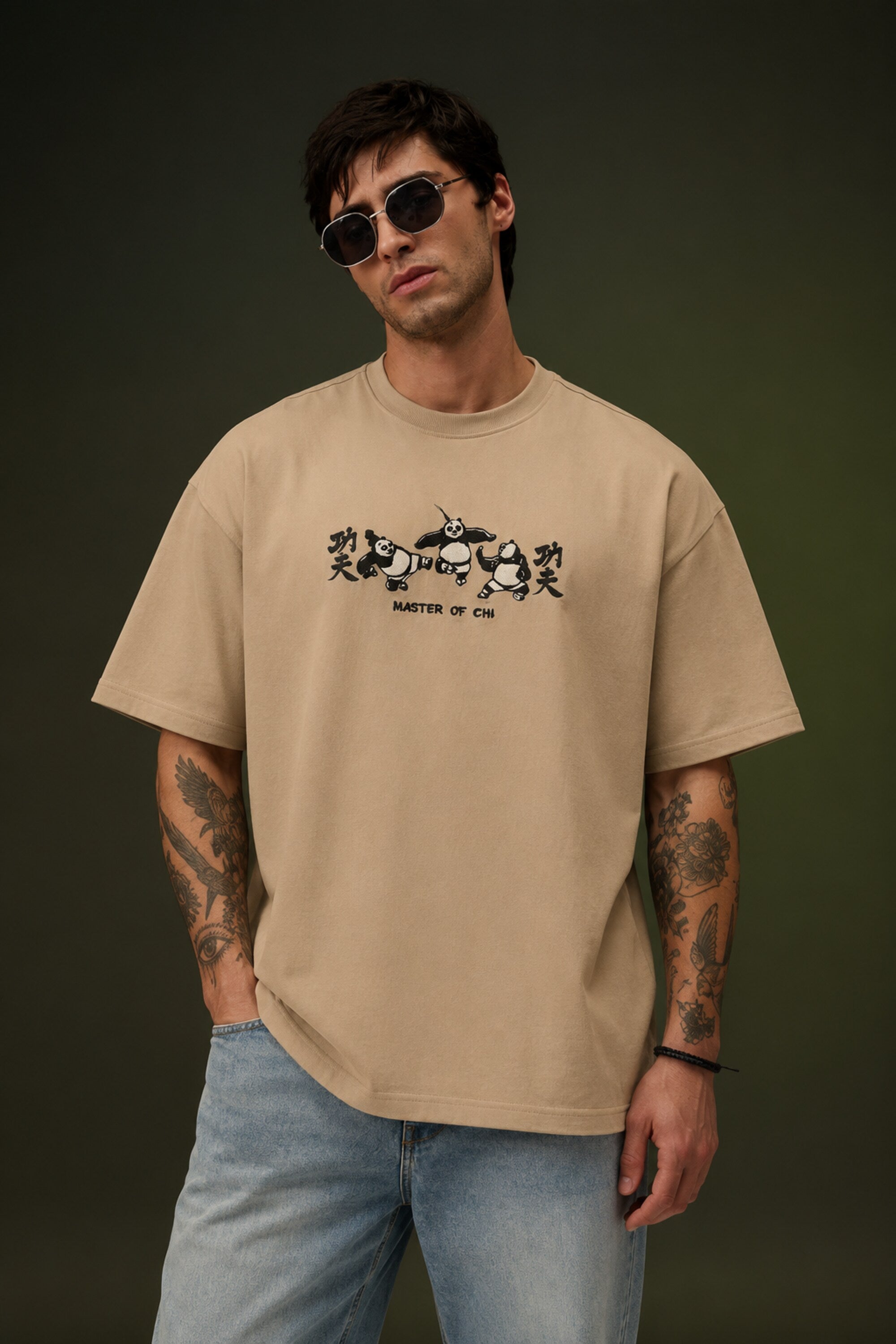 POPCASE beige Master of Chi kung fu panda graphic oversized t shirt with three pandas back POPCASE print streetwear tshirt