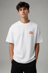 Model wearing white POPCASE Max Verstappen Red Bull oversized t shirt with Red Bull chest logo and large REDBULL race car back graphic