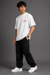 Model wearing white POPCASE Max Verstappen Red Bull oversized t shirt with Red Bull chest logo and large REDBULL race car back graphic