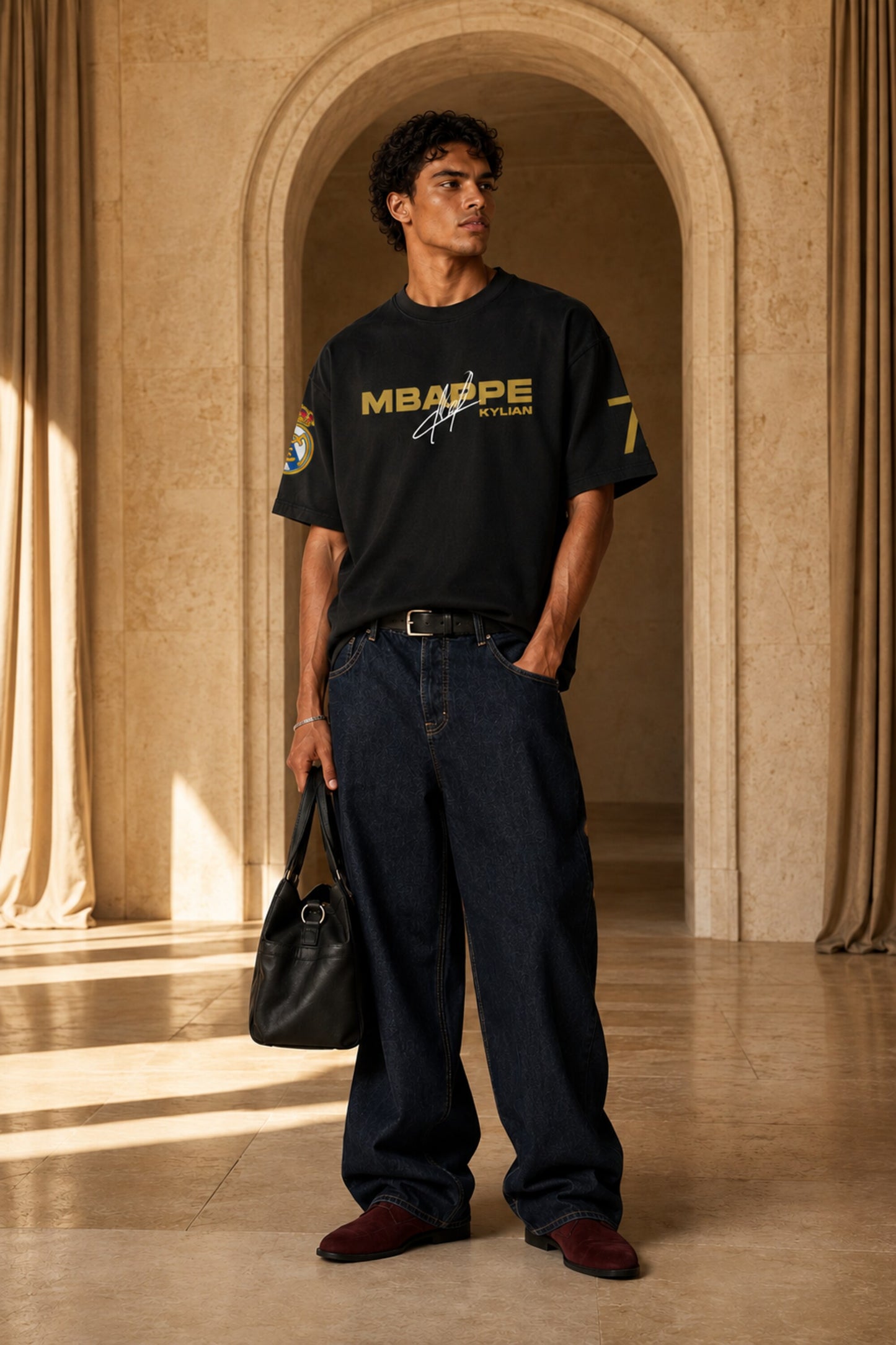A man stands in a sunlit architectural interior wearing a black short-sleeve T-shirt with yellow and white 'MBAPE' text across the chest, dark blue jeans, burgundy shoes, and carrying a black tote bag.
