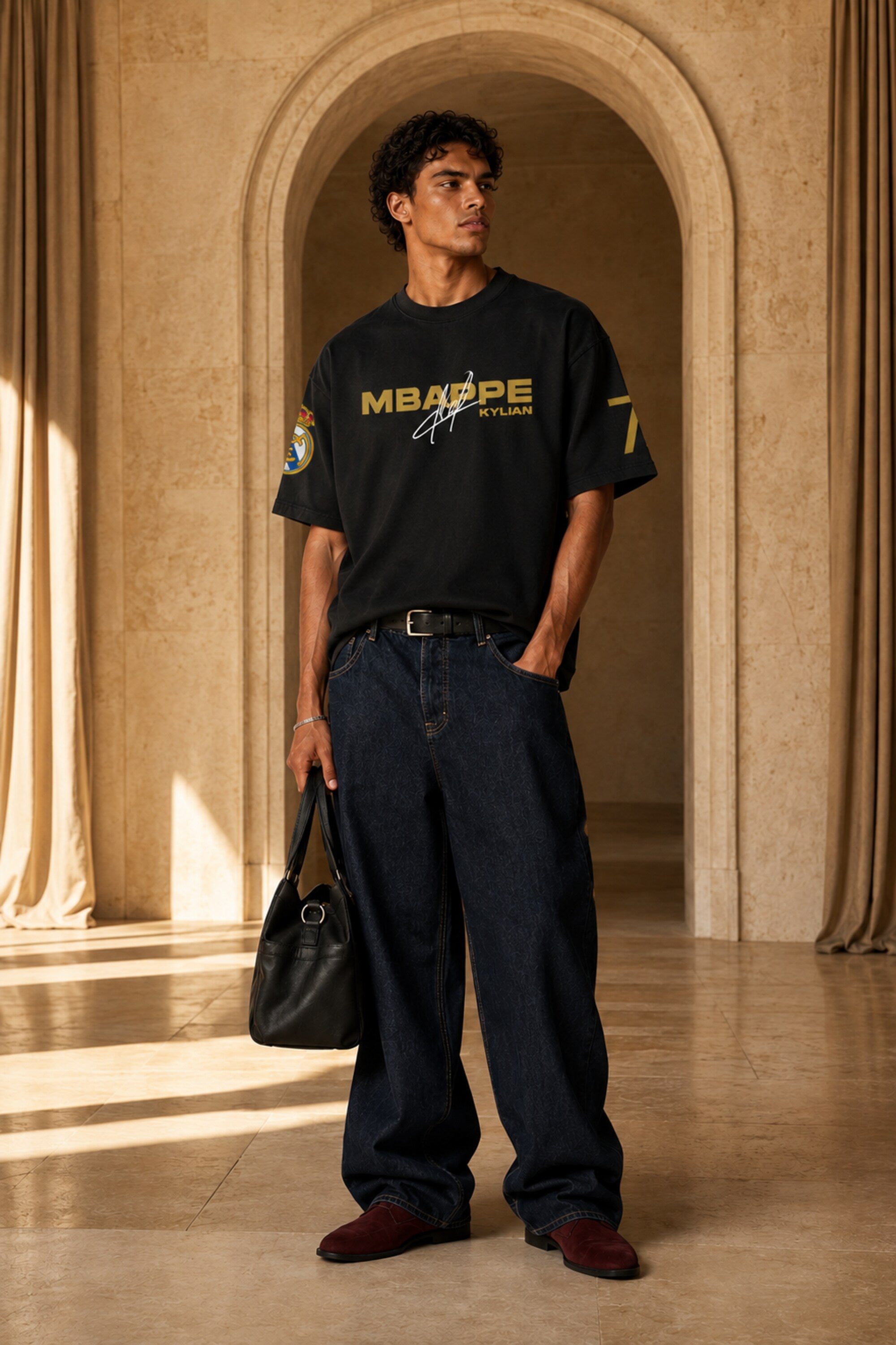 A man stands in a sunlit architectural interior wearing a black short-sleeve T-shirt with yellow and white 'MBAPE' text across the chest, dark blue jeans, burgundy shoes, and carrying a black tote bag.