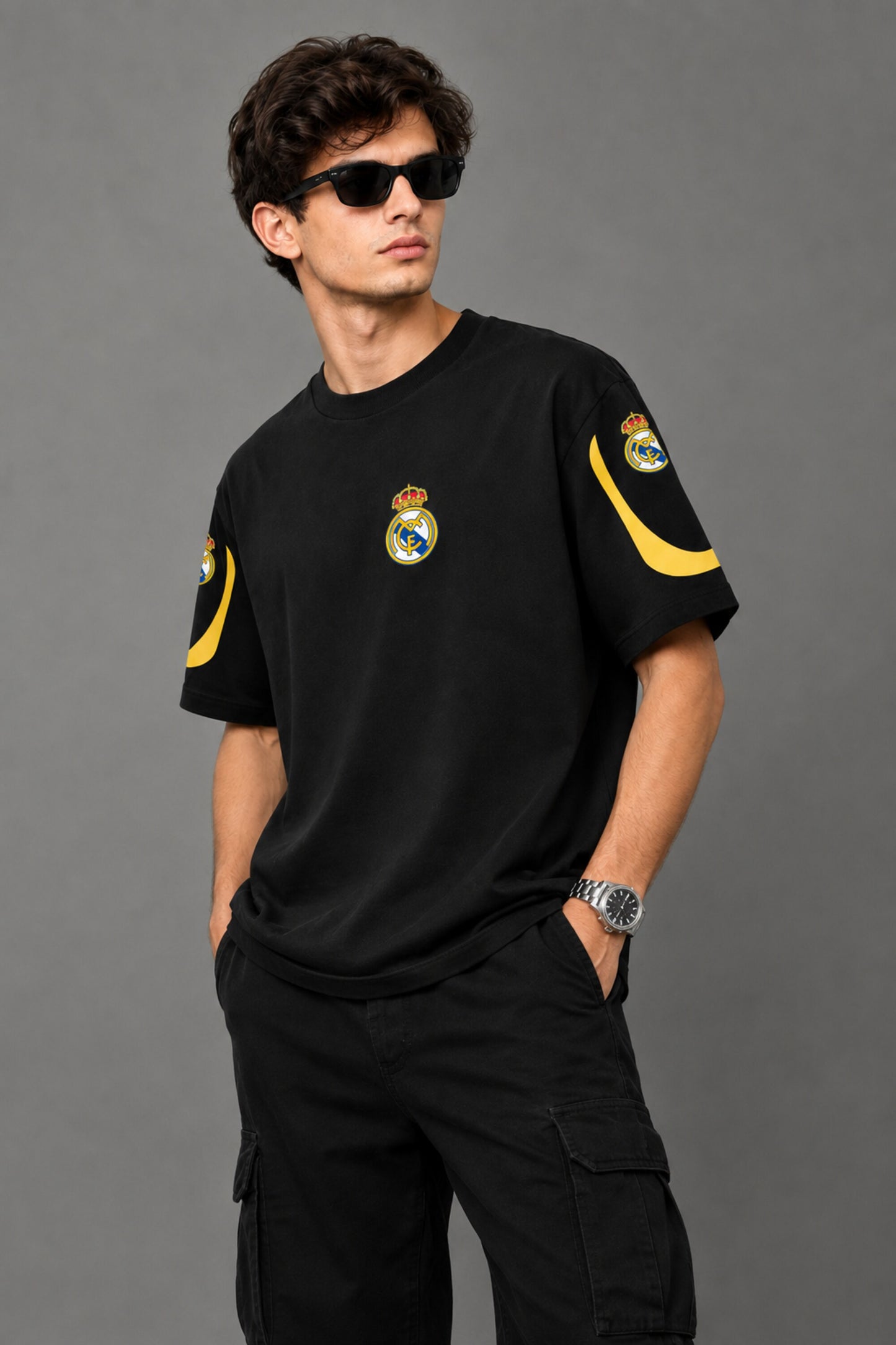 Kylian Mbappe Real Madrid number 7 black oversized t-shirt with gold print and signature