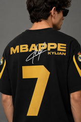 Kylian Mbappe Real Madrid number 7 black oversized t-shirt with gold print and signature