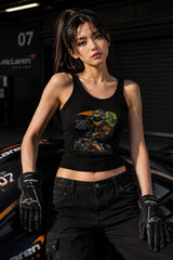 Black ribbed crop tank top with McLaren F1 driver number 14 and papaya orange car graphic DTF print paddock streetwear - black