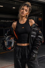 Black ribbed body fit tank top with McLaren Racing orange logo print premium fabric 4-way stretch soft touch motorsport streetwear