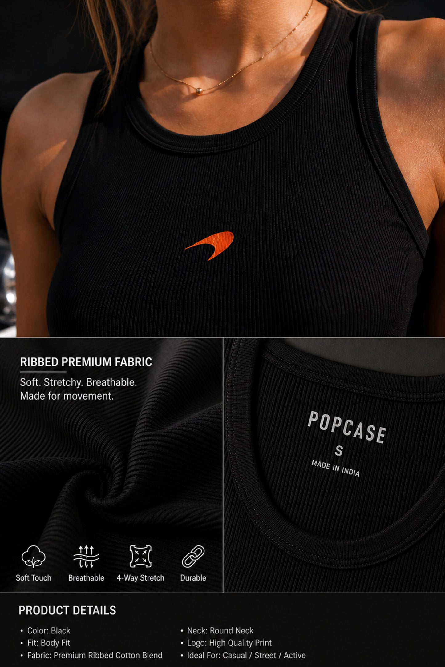 Black ribbed body fit tank top with McLaren Racing orange logo print premium fabric 4-way stretch soft touch motorsport streetwear