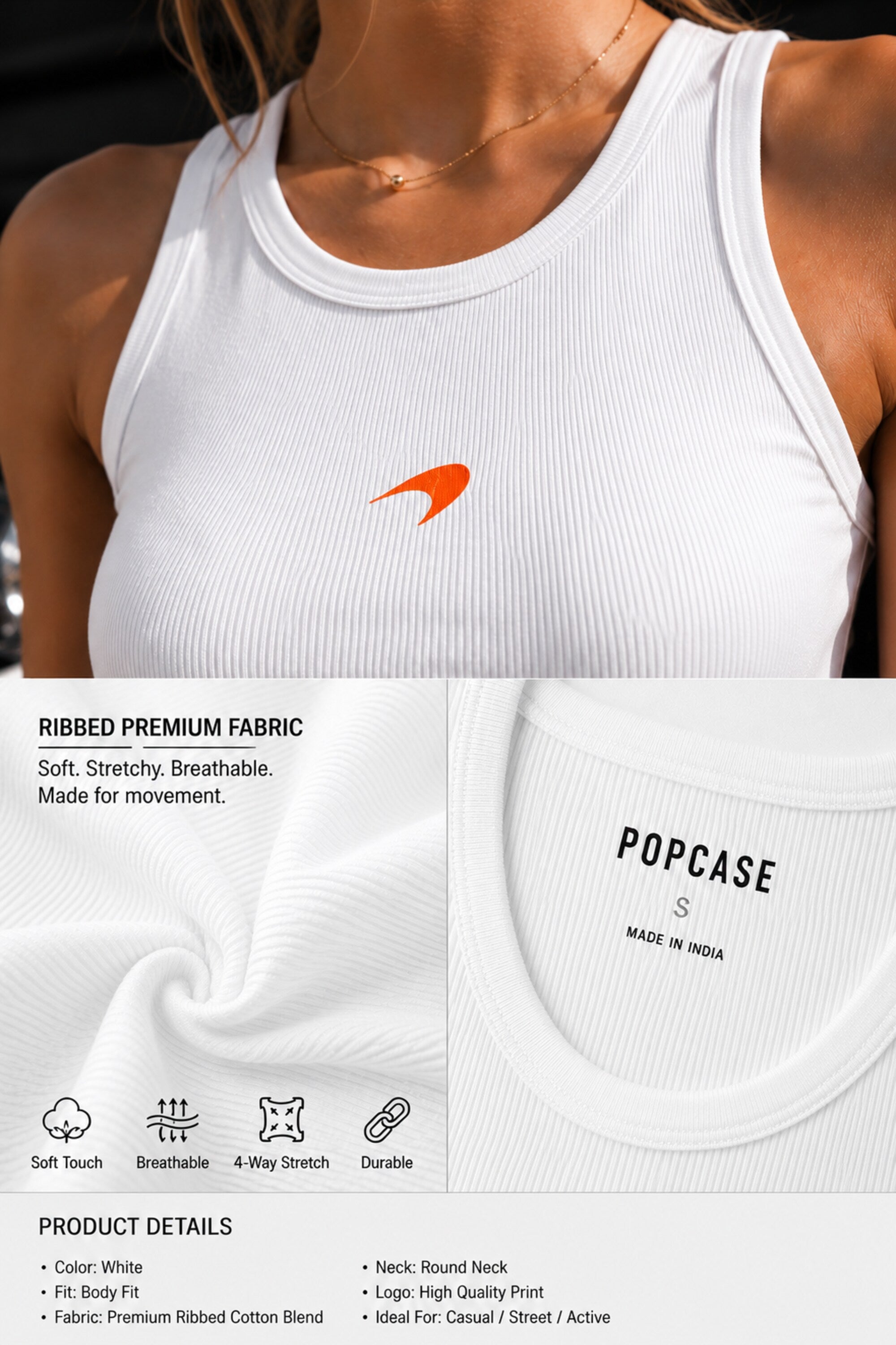 Black ribbed body fit tank top with McLaren Racing orange logo print premium fabric 4-way stretch soft touch motorsport streetwear - white