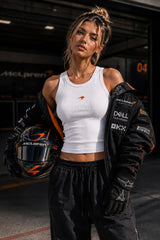 Black ribbed body fit tank top with McLaren Racing orange logo print premium fabric 4-way stretch soft touch motorsport streetwear