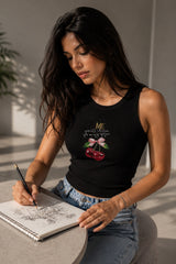 Black ribbed scoop neck crop tank top with gold ME text cursive script and cherry with pink bow graphic coquette aesthetic women top