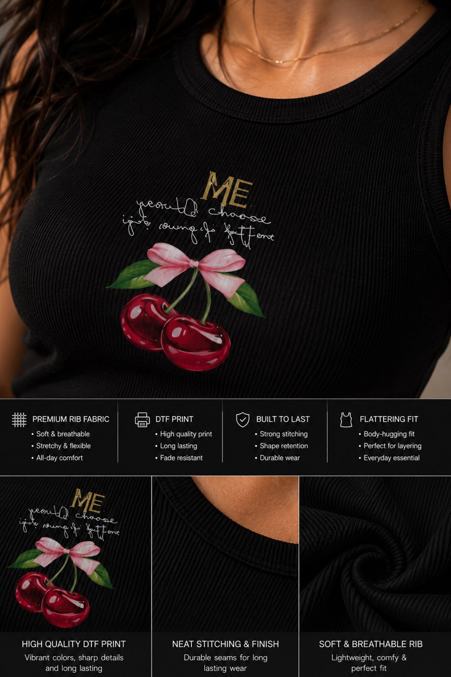 Black ribbed scoop neck crop tank top with gold ME text cursive script and cherry with pink bow graphic coquette aesthetic women top